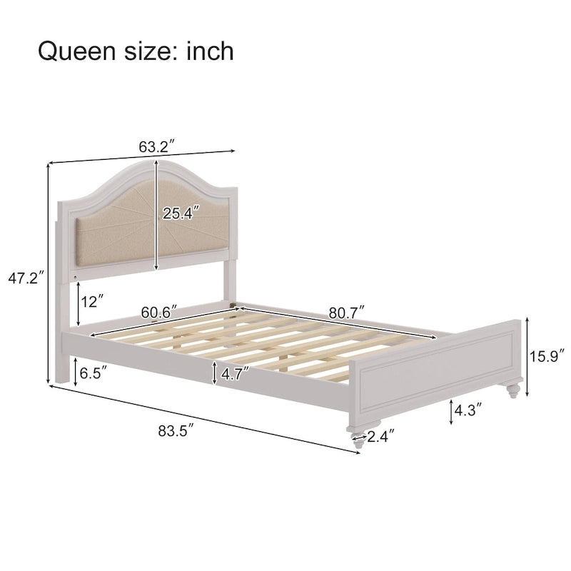 Letto matrimoniale moderno in legno con luci LED nascoste, testiera curva imbottita, non richiede box spring, grigio crema