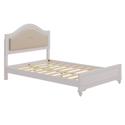 Letto matrimoniale moderno in legno con luci LED nascoste, testiera curva imbottita, non richiede box spring, grigio crema