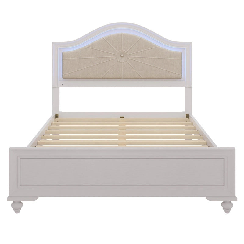 Letto matrimoniale moderno in legno con luci LED nascoste, testiera curva imbottita, non richiede box spring, grigio crema