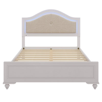 Letto matrimoniale moderno in legno con luci LED nascoste, testiera curva imbottita, non richiede box spring, grigio crema