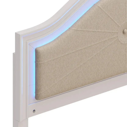 Letto matrimoniale moderno in legno con luci LED nascoste, testiera curva imbottita, non richiede box spring, grigio crema