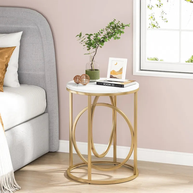 Modern Round Side End Table for Living Room, Tall Narrow Nightstand for Bedroom