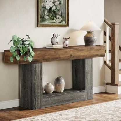 Farmhouse 2 Tiers Entryway Table, 63 Inches Console Table, Narrow Sofa Table