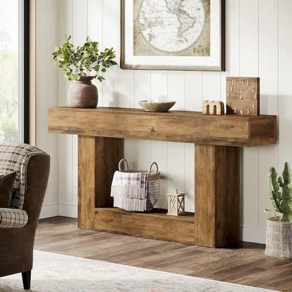 Farmhouse 2 Tiers Entryway Table, 63 Inches Console Table, Narrow Sofa Table