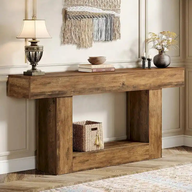 Farmhouse 2 Tiers Entryway Table, 63 Inches Console Table, Narrow Sofa Table