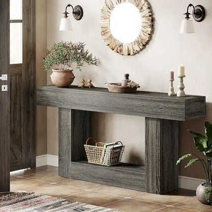 Farmhouse 2 Tiers Entryway Table, 63 Inches Console Table, Narrow Sofa Table