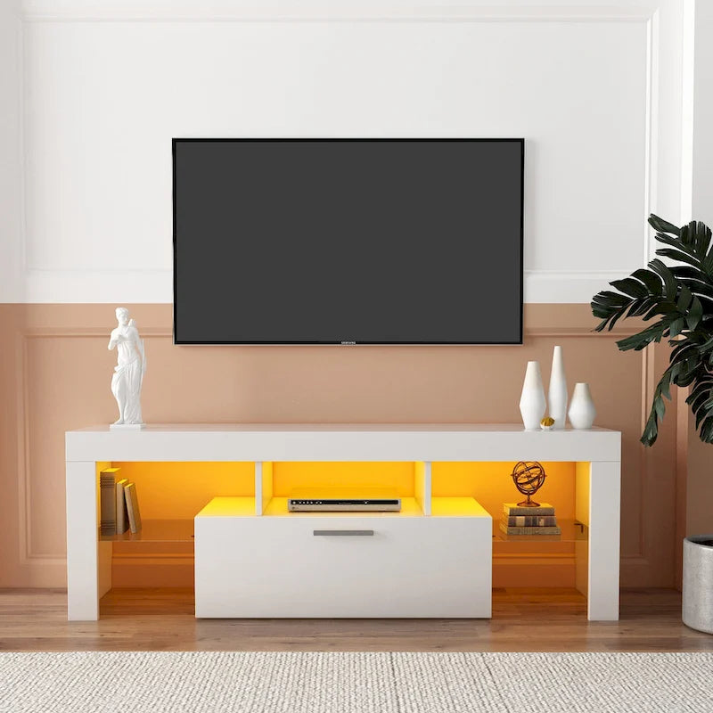 White 51.22  TV Stand with LED Lights and Toughened Glass Shelf for TVs Up to 55 