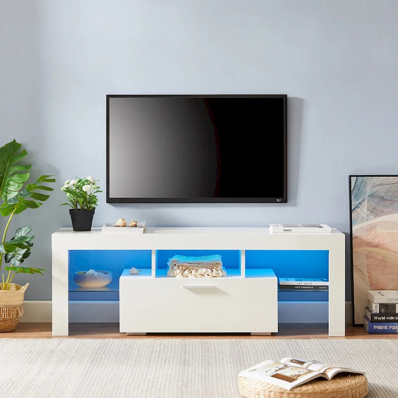White 51.22  TV Stand with LED Lights and Toughened Glass Shelf for TVs Up to 55