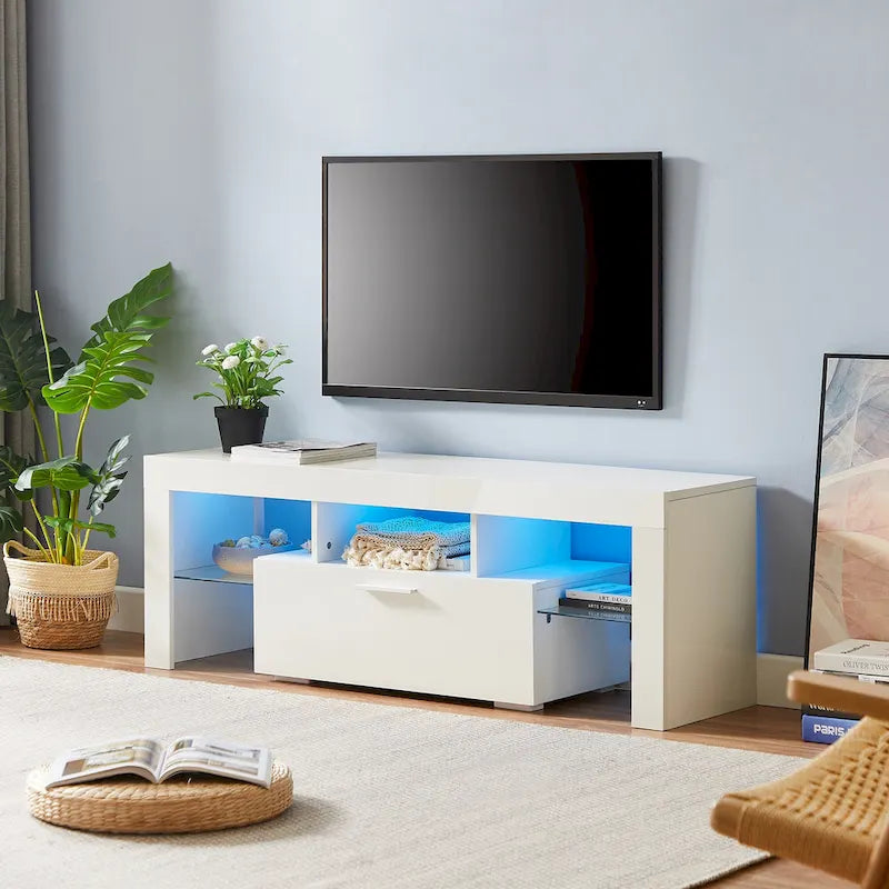 White 51.22  TV Stand with LED Lights and Toughened Glass Shelf for TVs Up to 55