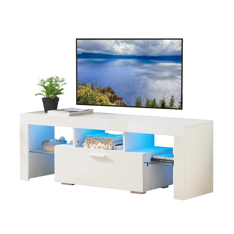 White 51.22  TV Stand with LED Lights and Toughened Glass Shelf for TVs Up to 55