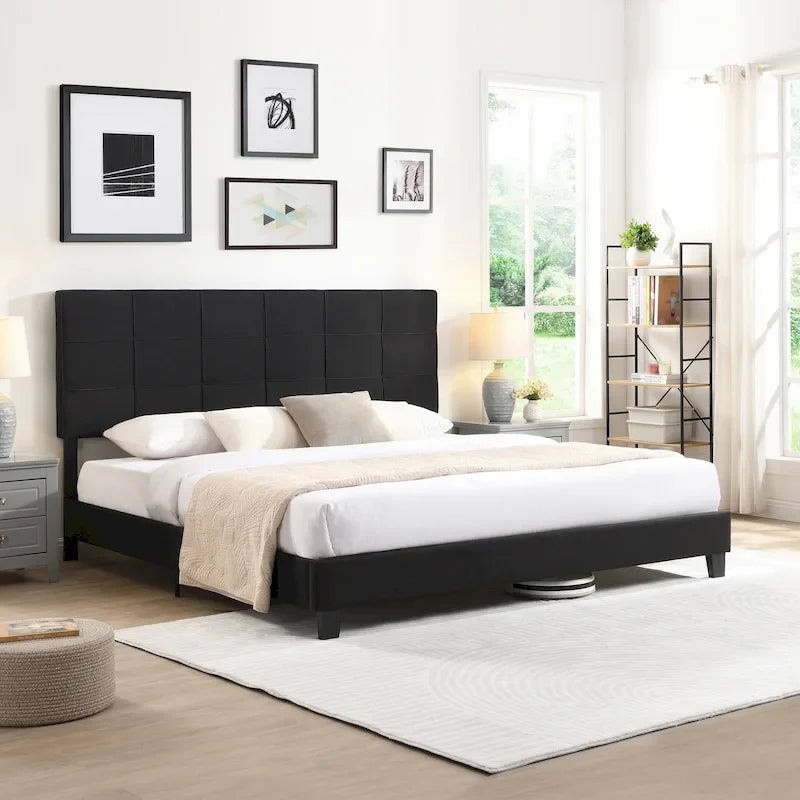 Struttura letto king size imbottita in lino nero con testiera capitonné, supporto a doghe in legno, nessun bisogno di rete a molle