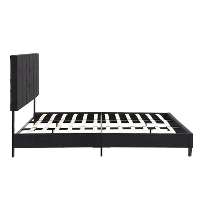 Struttura letto king size imbottita in lino nero con testiera capitonné, supporto a doghe in legno, nessun bisogno di rete a molle