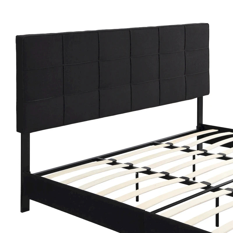 Struttura letto king size imbottita in lino nero con testiera capitonné, supporto a doghe in legno, nessun bisogno di rete a molle