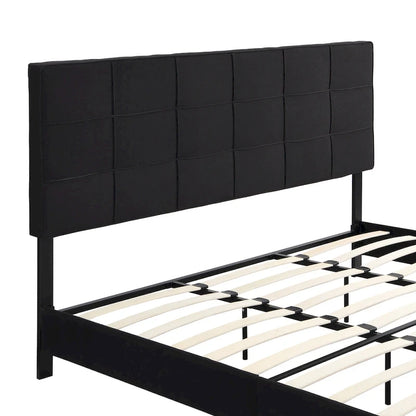 Struttura letto king size imbottita in lino nero con testiera capitonné, supporto a doghe in legno, nessun bisogno di rete a molle