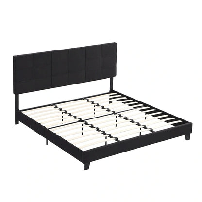 Struttura letto king size imbottita in lino nero con testiera capitonné, supporto a doghe in legno, nessun bisogno di rete a molle