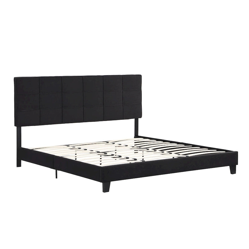 Struttura letto king size imbottita in lino nero con testiera capitonné, supporto a doghe in legno, nessun bisogno di rete a molle