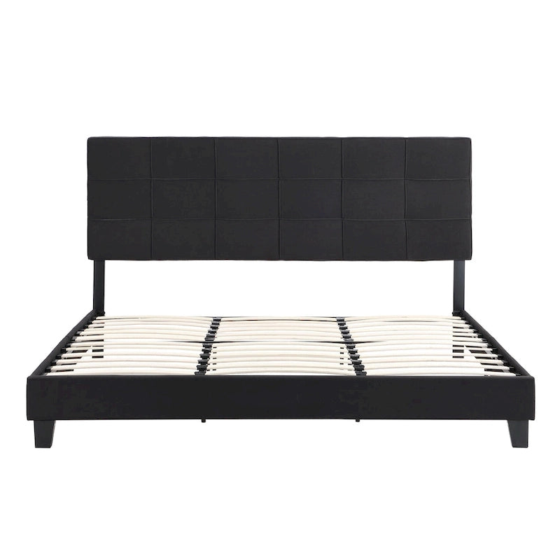 Struttura letto king size imbottita in lino nero con testiera capitonné, supporto a doghe in legno, nessun bisogno di rete a molle