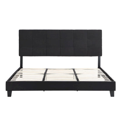 Struttura letto king size imbottita in lino nero con testiera capitonné, supporto a doghe in legno, nessun bisogno di rete a molle