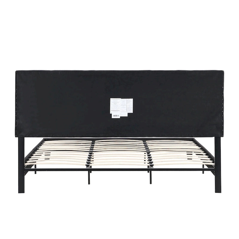 Struttura letto king size imbottita in lino nero con testiera capitonné, supporto a doghe in legno, nessun bisogno di rete a molle