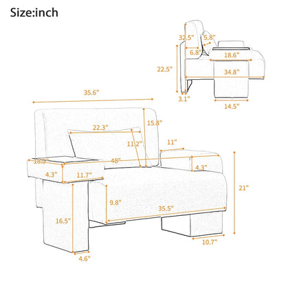 Polyester Oversized Armchair with Storage Asymmetrical Armrest and Modern Mid-Century Chair, 225lb Capacity