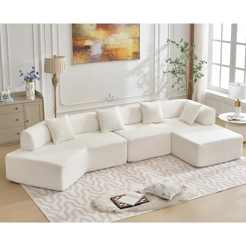 White 140  Oversized Boucle Upholstered L-Shaped Modular Sectional Sofa, 3-piece Free Combination, No Assembly Required