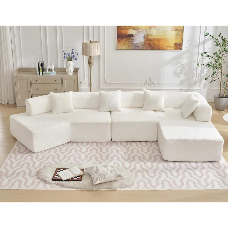 White 140  Oversized Boucle Upholstered L-Shaped Modular Sectional Sofa, 3-piece Free Combination, No Assembly Required