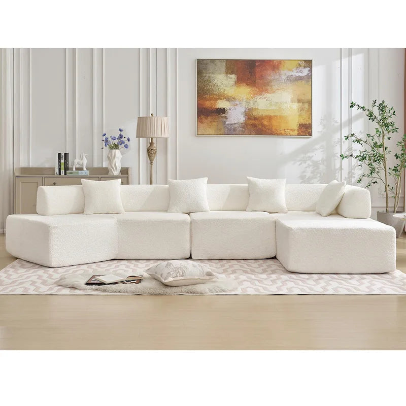 White 140  Oversized Boucle Upholstered L-Shaped Modular Sectional Sofa, 3-piece Free Combination, No Assembly Required