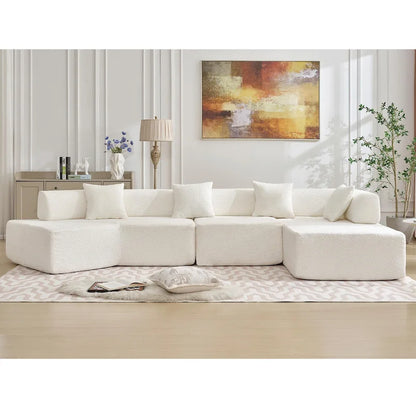 White 140  Oversized Boucle Upholstered L-Shaped Modular Sectional Sofa, 3-piece Free Combination, No Assembly Required