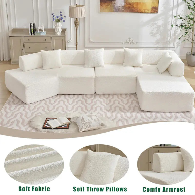 White 140  Oversized Boucle Upholstered L-Shaped Modular Sectional Sofa, 3-piece Free Combination, No Assembly Required
