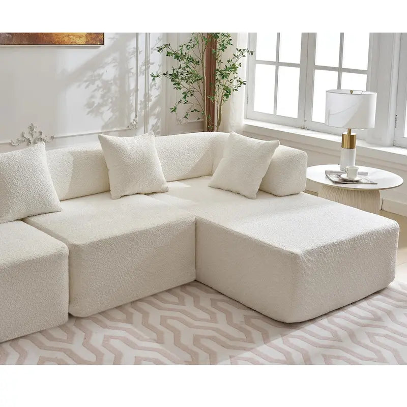 White 140  Oversized Boucle Upholstered L-Shaped Modular Sectional Sofa, 3-piece Free Combination, No Assembly Required