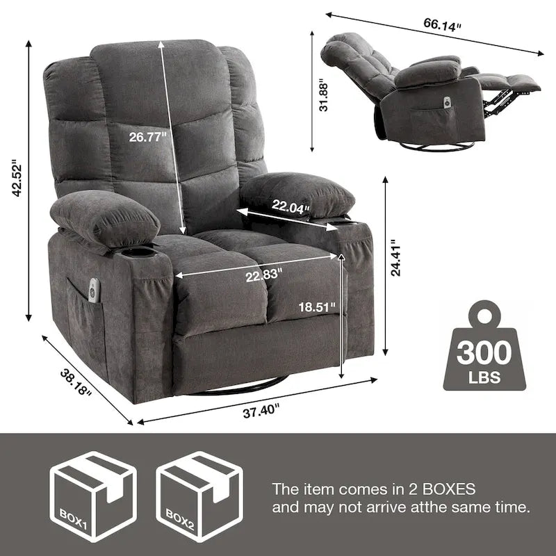Grey Oversized Recliner with Heat and Massage, 150 Recline, 30 Rocking, USB Charging, and 2 Cup Holders