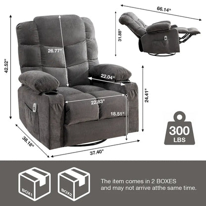Grey Oversized Recliner with Heat and Massage, 150 Recline, 30 Rocking, USB Charging, and 2 Cup Holders