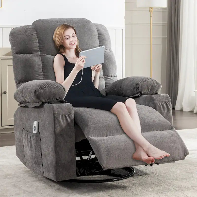 Grey Oversized Recliner with Heat and Massage, 150 Recline, 30 Rocking, USB Charging, and 2 Cup Holders