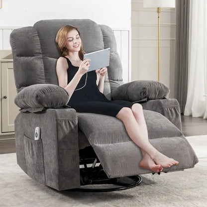 Grey Oversized Recliner with Heat and Massage, 150 Recline, 30 Rocking, USB Charging, and 2 Cup Holders