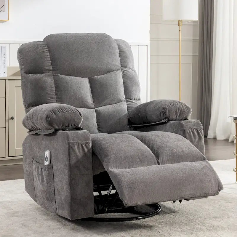 Grey Oversized Recliner with Heat and Massage, 150 Recline, 30 Rocking, USB Charging, and 2 Cup Holders