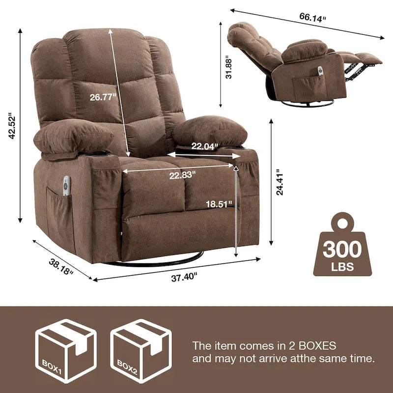 Grey Oversized Recliner with Heat and Massage, 150 Recline, 30 Rocking, USB Charging, and 2 Cup Holders