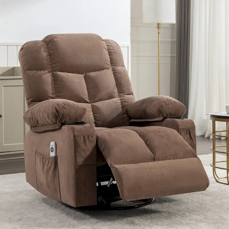 Grey Oversized Recliner with Heat and Massage, 150 Recline, 30 Rocking, USB Charging, and 2 Cup Holders