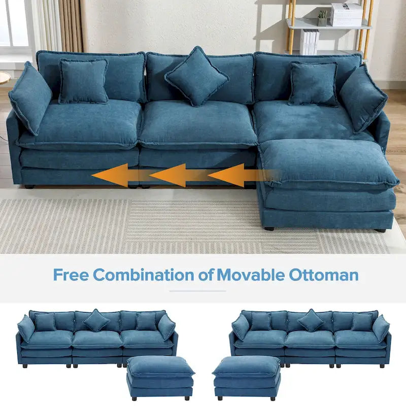 Blue 112.2  Modern L-Shaped 4-Seat Sofa with Removable Ottoman