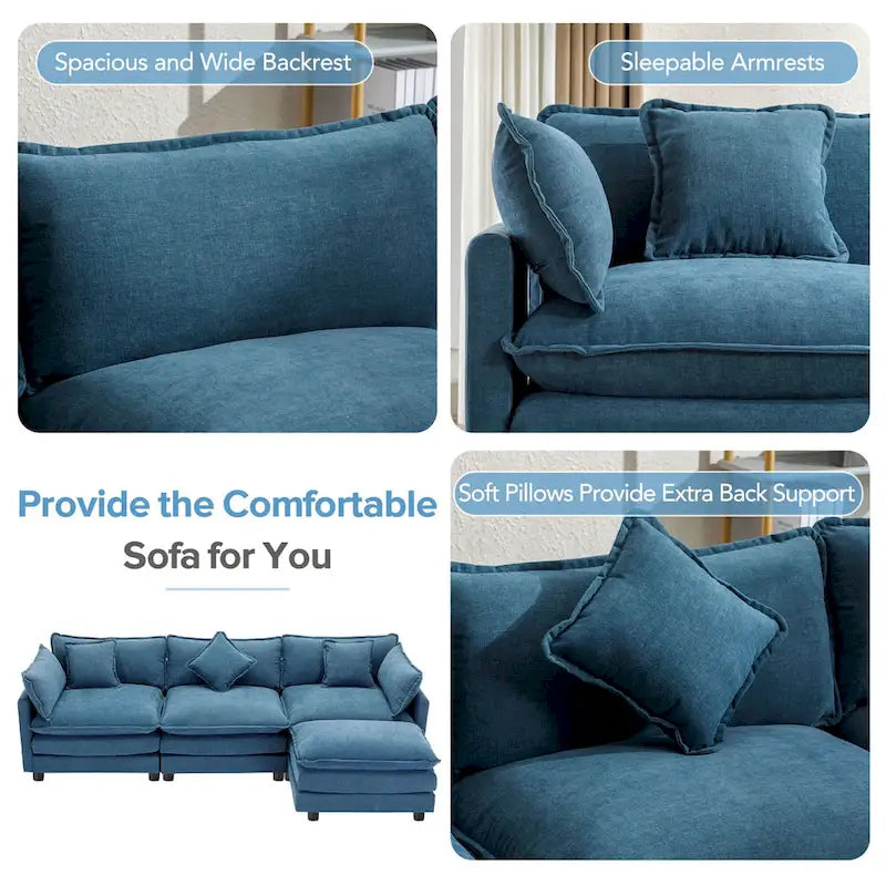 Blue 112.2  Modern L-Shaped 4-Seat Sofa with Removable Ottoman