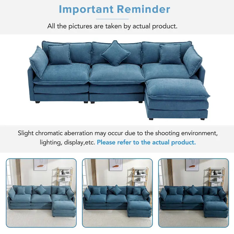 Blue 112.2  Modern L-Shaped 4-Seat Sofa with Removable Ottoman
