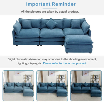 Blue 112.2  Modern L-Shaped 4-Seat Sofa with Removable Ottoman