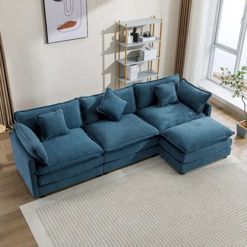 Blue 112.2  Modern L-Shaped 4-Seat Sofa with Removable Ottoman