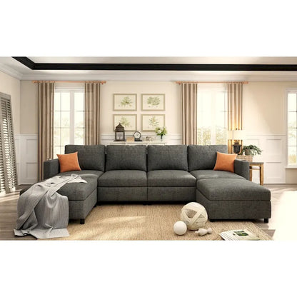 Grey 123  U-Shaped Modular 4-Seat Sectional Sofa with Storage Ottomans