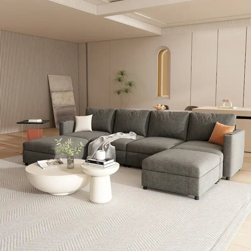 Grey 123  U-Shaped Modular 4-Seat Sectional Sofa with Storage Ottomans