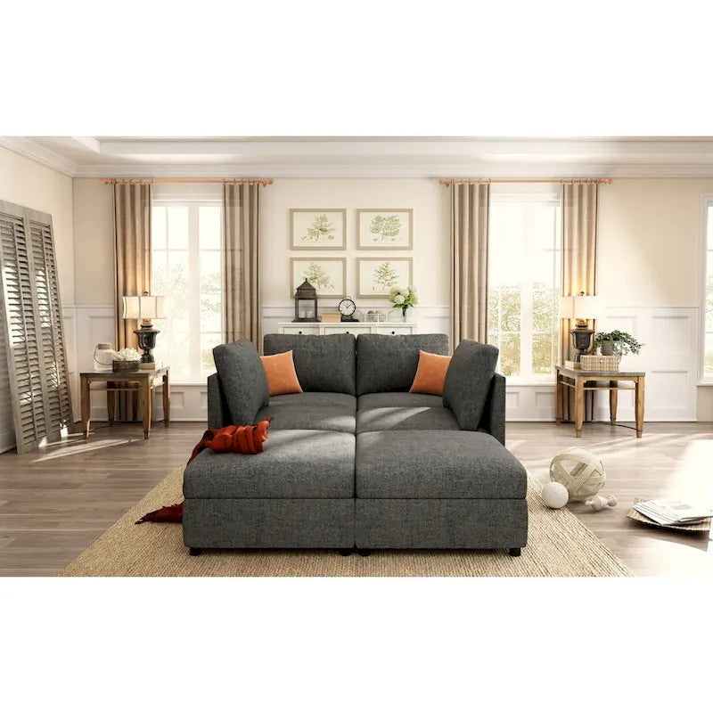Grey 123  U-Shaped Modular 4-Seat Sectional Sofa with Storage Ottomans