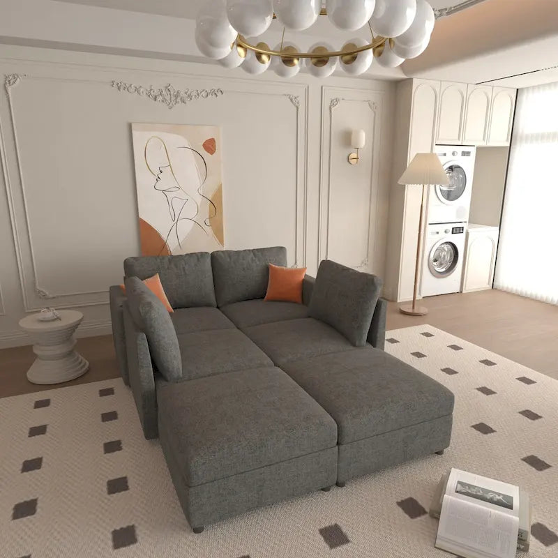 Grey 123  U-Shaped Modular 4-Seat Sectional Sofa with Storage Ottomans