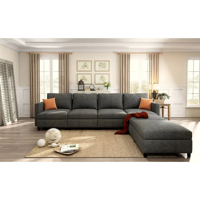 Grey 123  U-Shaped Modular 4-Seat Sectional Sofa with Storage Ottomans