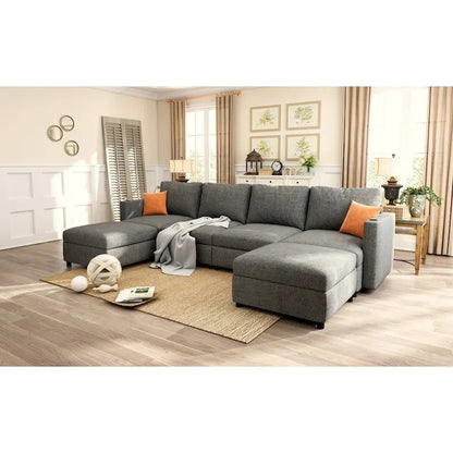 Grey 123  U-Shaped Modular 4-Seat Sectional Sofa with Storage Ottomans