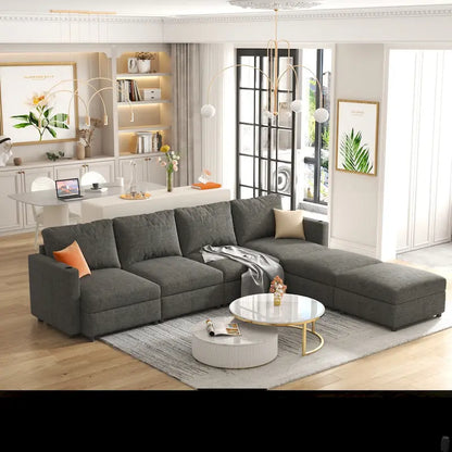Grey 123  U-Shaped Modular 4-Seat Sectional Sofa with Storage Ottomans