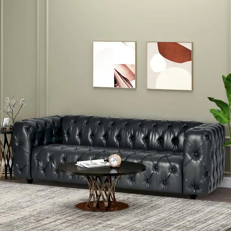 Faux Leather Button Tufted 3-seater Sofa with Wood Legs